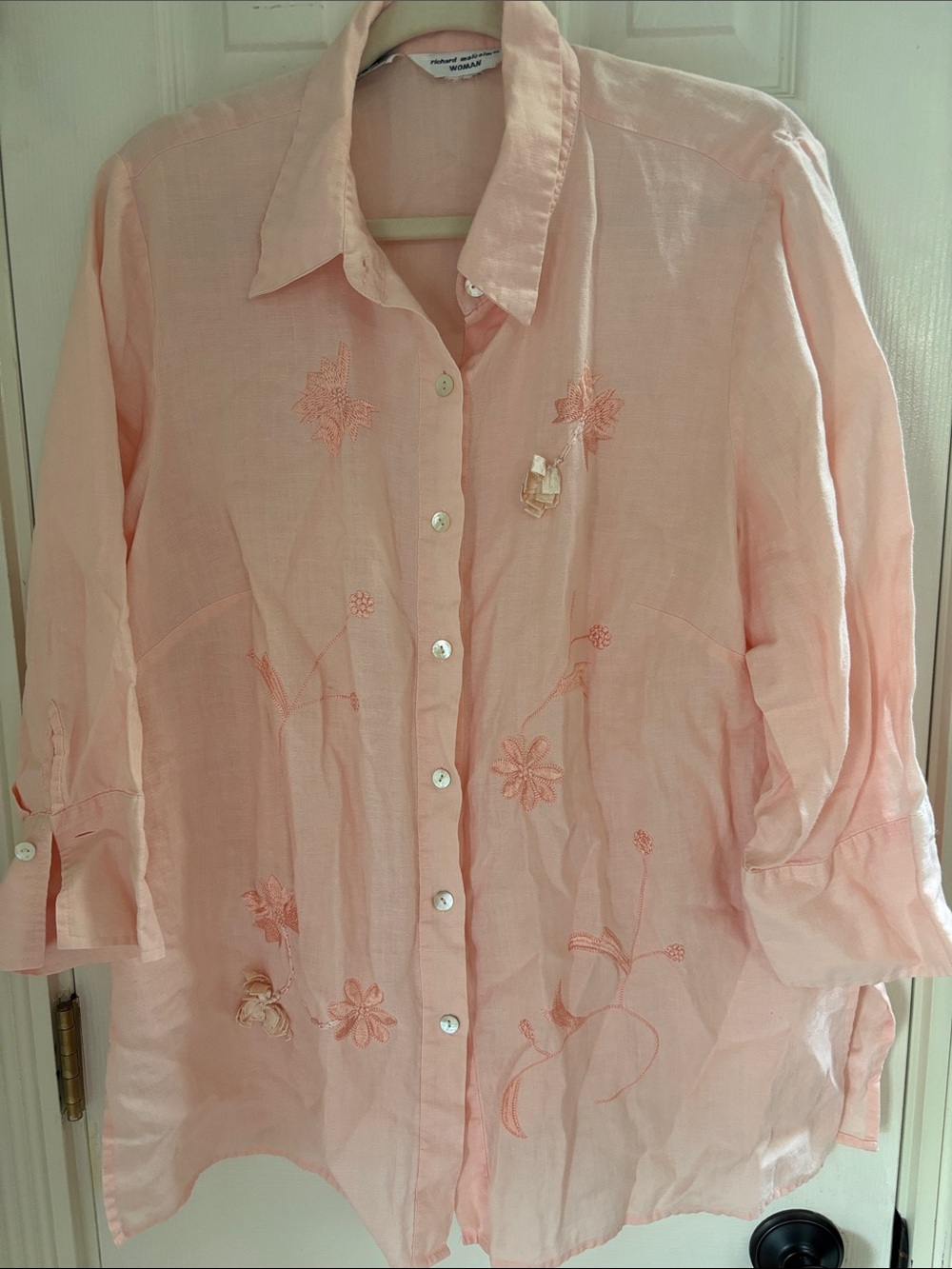 Light Pink Embroidered Irish Linen Women's Button-Front Shirt
